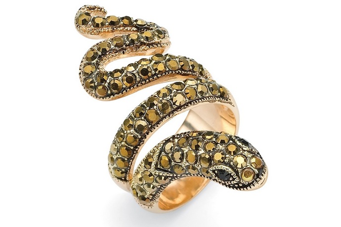 Black Crystal Gold-Plated Coiled Snake Ring