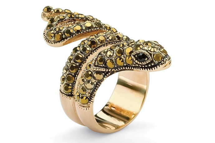 Black Crystal Gold-Plated Coiled Snake Ring