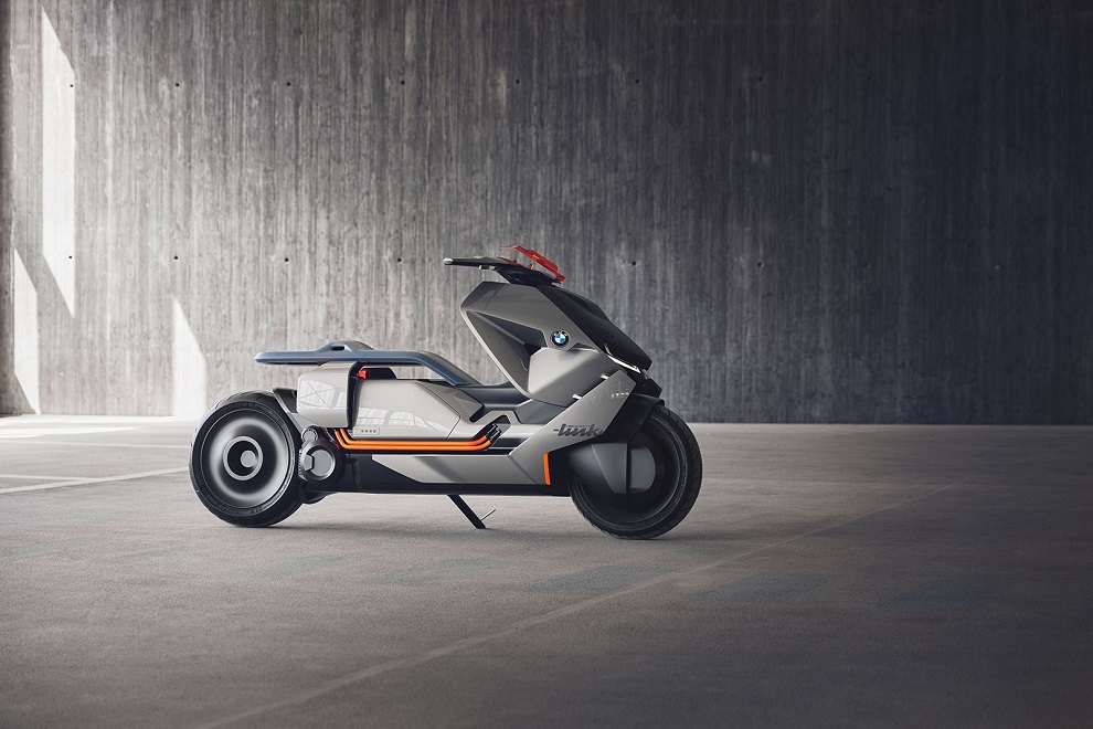 BMW futuristic concept of self-balancing electric two-wheeler parked