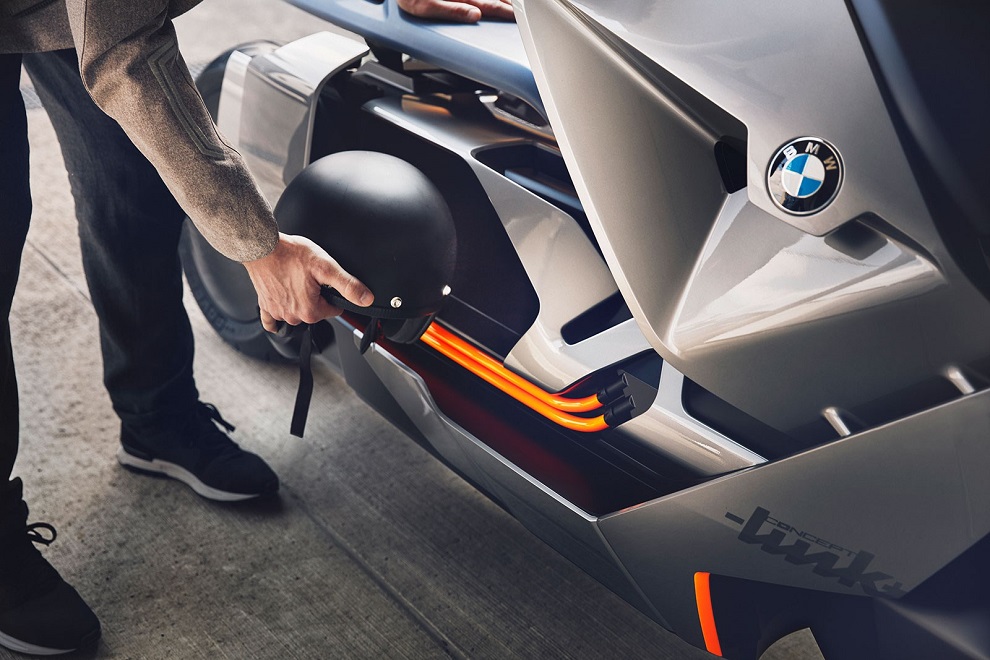 BMW futuristic concept of self-balancing electric two-wheeler link compartment for helmet